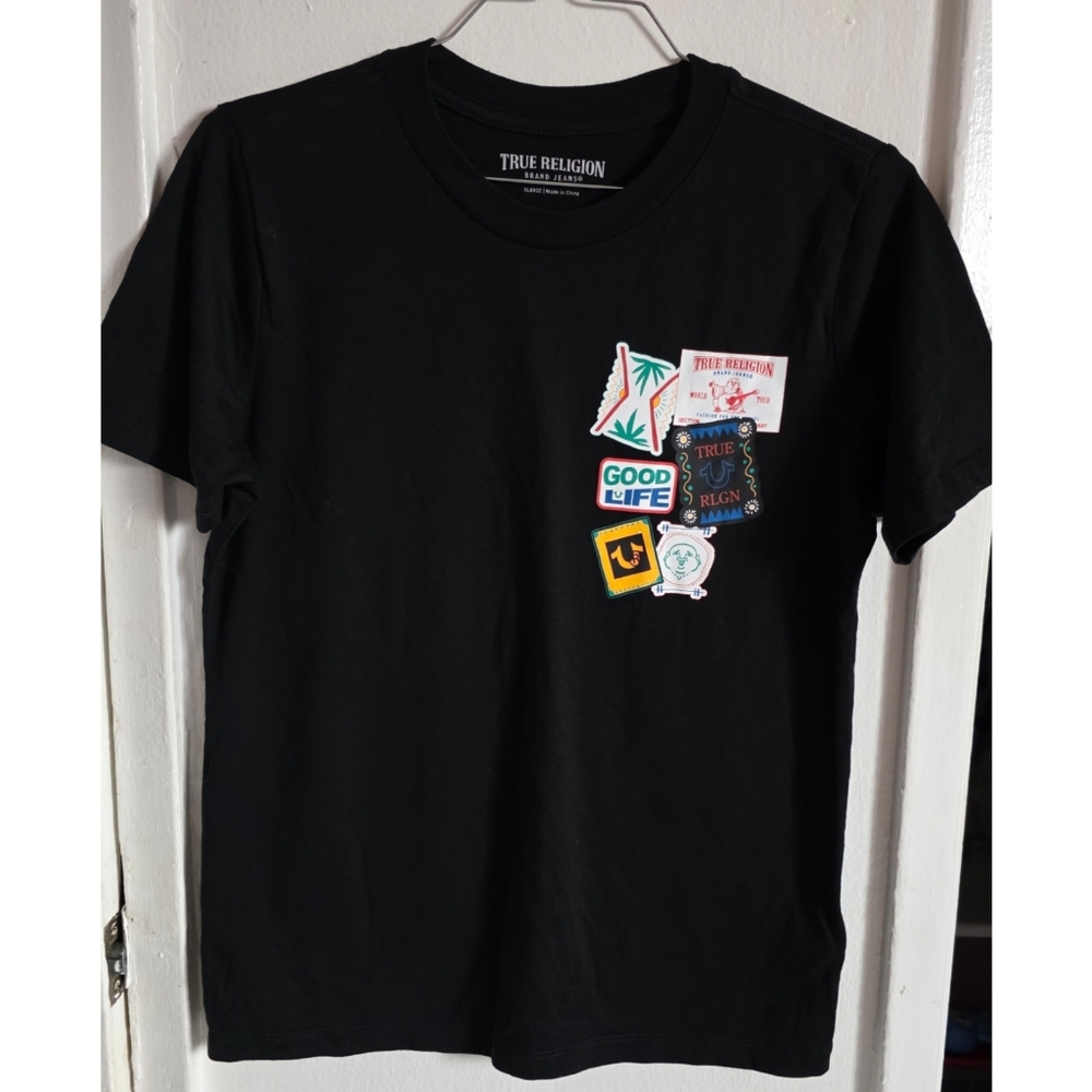 True Religion Black Tee with Colorful Patches